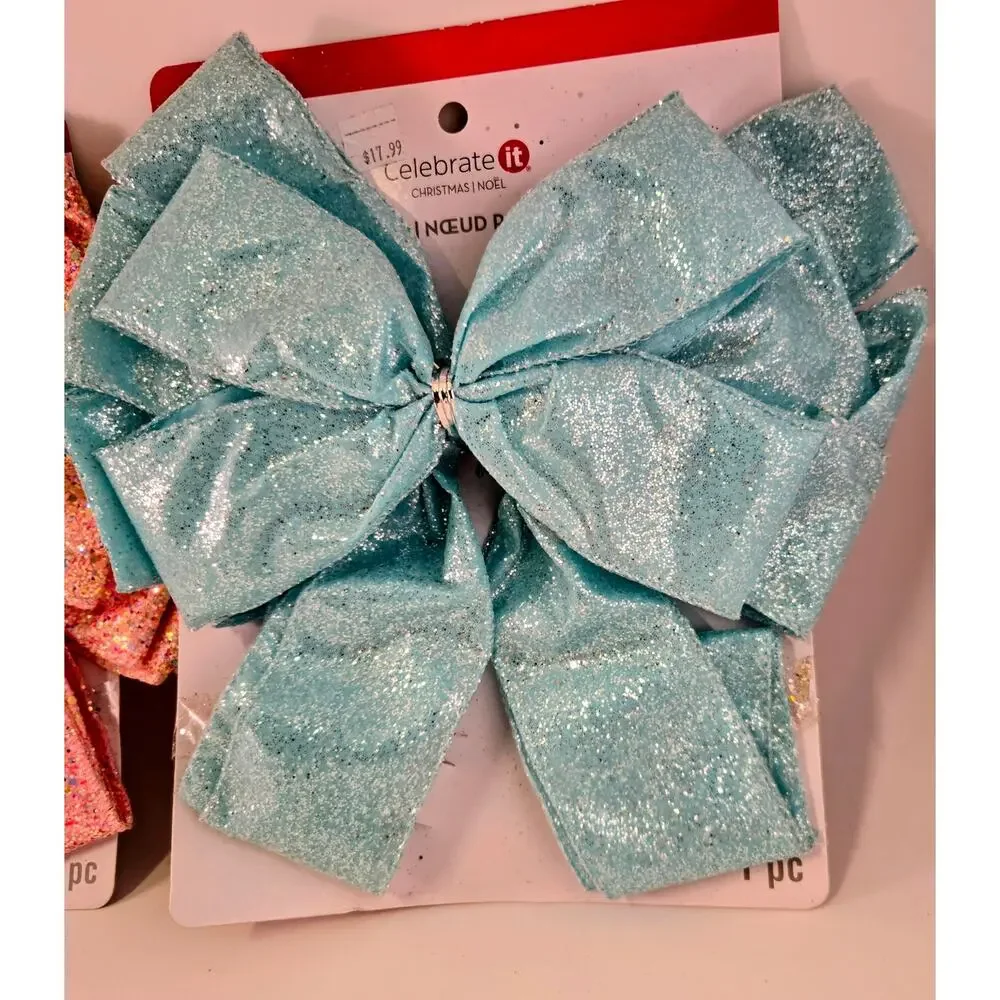 2 Large Christmas Wreath Bows Tree Topper Pink Blue Indoor Outdoor Holiday Decor